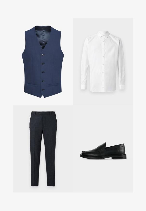 Chalecos azul marino hechos de tejido texturizado, con un cierre frontal de cinco botones y dos bolsillos laterales. Forrados con un interior suave y estampado.; Camisa blanca de manga larga, tipo botón, con cuello clásico, placket frontal con botones y una textura de algodón suave.; Pantalones ajustados en gris oscuro hechos de una tela texturizada. Presenta un cierre de botón único y un diseño de pierna recta con bolsillos laterales.; Mocasín penny negro de cuero para hombre con tacón bajo y apilado y puntera redondeada, mostrado de lado sobre un fondo gris claro.