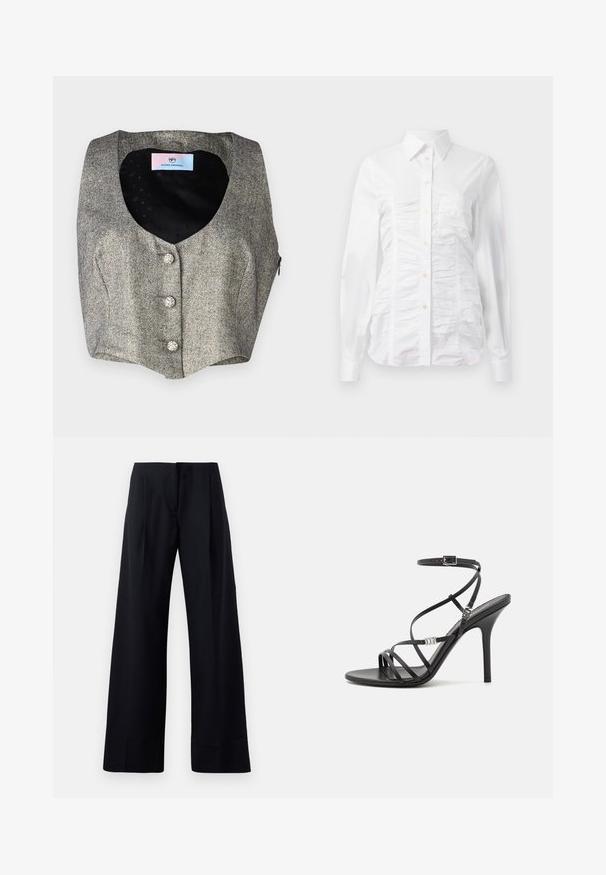 Mouwloos vest van grijs visgraatweefsel, met een diepe V-hals, drie decoratieve knopen en een gladde zwarte voering met een subtiel patroon.; Witte button-up blouse met lange mouwen, voorzien van een gerimpelde textuur aan de voorkant, kleine gouden knopen en een standaard kraag.; Zwarte, gestreepte broek met een wijde pijpdesign, uitgerust met scherpe plooien en een nette afwerking. Gemaakt van een gladde, lichte stof.; Zwarte hoge hakken sandaal met dunne banden, een enkelgesp, een gladleren oppervlak en een slanke stilettohak.