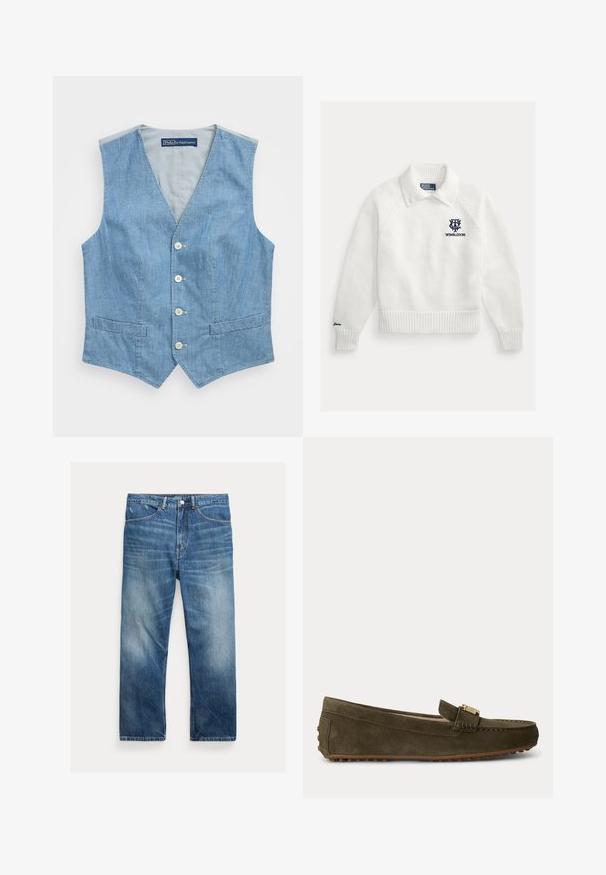 Lysblå denimvest med V-udskæring, fem knapper og to frontlommer. Glat tekstur med et enkelt design og uden ærmer.; Hvid strikket sweater med ribbestrikket krave og ærmekanter, broderet "Wimbledon" logo på brystet og teksten "Lauren" på venstre ærmekant.; Blå vaskede denimjeans med lige ben, forlommer, bæltestropper og falmede detaljer på lår og knæ.; Mørkegrøn ruskindslipper med gummidupper på sål og hæl, guldfarvet spænde øverst og lav hæl til afslappet brug.