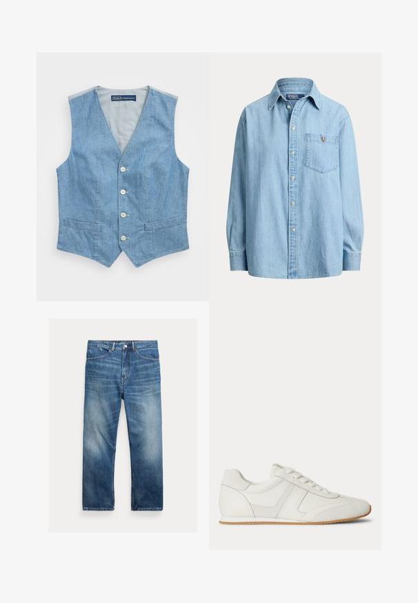 Lysblå denimvest med V-udskæring, fem knapper og to frontlommer. Glat tekstur med et enkelt design og uden ærmer.; Lyseblå langærmet denimskjorte med knapper foran og brystlomme med en lille broderet logo på lommen.; Blå vaskede denimjeans med lige ben, forlommer, bæltestropper og falmede detaljer på lår og knæ.; Hvid lavtop sneaker med snørelukning foran, ruskind- og læderpaneler og en lysebrun gummisål på en hvid baggrund.