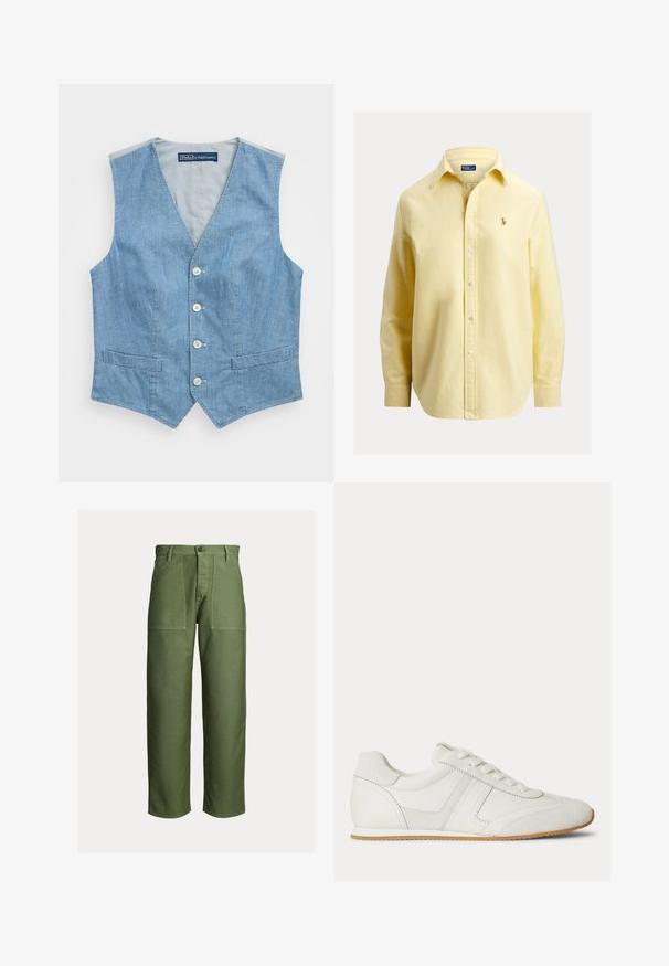 Lysblå denimvest med V-udskæring, fem knapper og to frontlommer. Glat tekstur med et enkelt design og uden ærmer.; Langærmet bleggul skjorte med knapper, krave og lille broderet logo på venstre bryst.; Olivengrønne bukser med lige ben, store forlommer, bæltestropper og knaplukning mod en ensartet lys baggrund.; Hvid lavtop sneaker med snørelukning foran, ruskind- og læderpaneler og en lysebrun gummisål på en hvid baggrund.