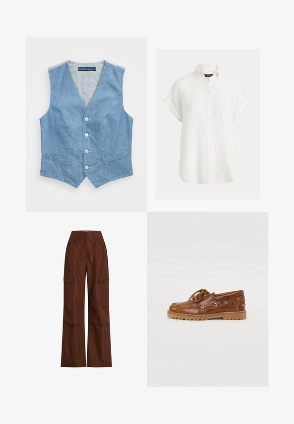 Lysblå denimvest med V-udskæring, fem knapper og to frontlommer. Glat tekstur med et enkelt design og uden ærmer.; Hvid kortærmet skjorte med knapper fremstillet af hør. Har en klassisk krave, opsmøgede ærmer og en afslappet pasform for bedre åndbarhed.; Brune cargo-bukser med brede ben, flere sidelommer, høj talje og robust bomuldsstof med en glat textured.; Brune lædersko til båd med rund tå, snørelukning og dekorative metaløjer. Tykk gummisål med et mønstret design.