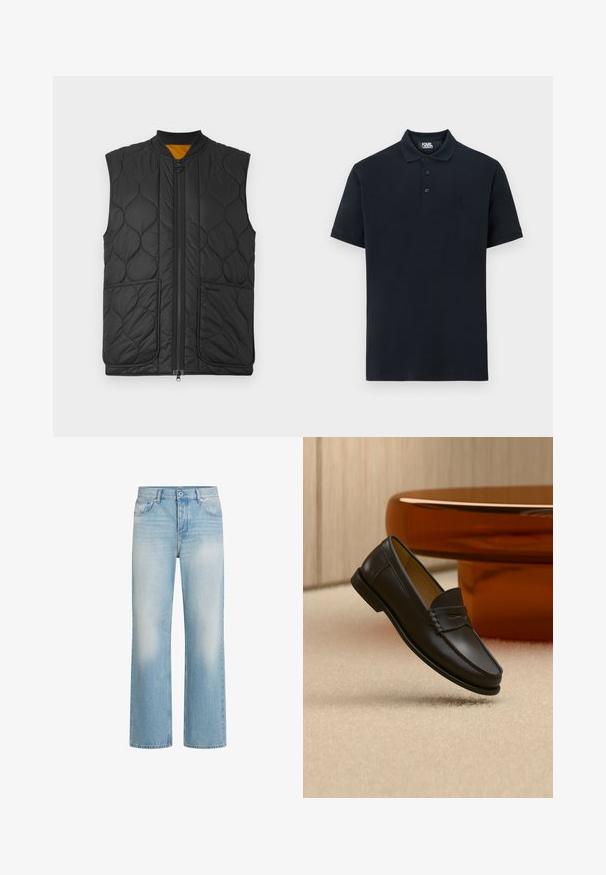 Zwarte gewatteerde vest met een rits aan de voorkant, ronde halslijn en twee frontzakken. Van binnen gevoerd met oranje stof.; Navy polo shirt van katoen, met een klassieke kraag, drie knopen en een geborduurd logo op de linkerborst. Korte mouwen, gladde textuur.; Lichtblauwe denim jeans met een recht model, vervagingsdetails, vijf-zakkenstijl, knoopsluiting en riemlussen in de taille.; Zwarte leren loaferschoen zwevend boven een beige tapijt met amberkleurige moderne meubels op de achtergrond.