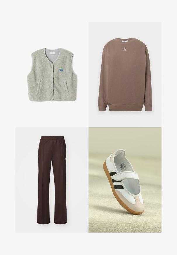Grijze fleece vest met knopenfront, twee zijzakken en een klein kleurrijk merklogo aan de linkerkant. Randen hebben contrasterende afwerking.; Bruine sweatshirt gemaakt van zachte stof, met een ronde hals, lange mouwen en een wit Adidas-logo op de borst. Eenvoudig ontwerp, zonder patronen.; Bruine sportieve broek met een elastische tailleband, twee zijzakken en een klein logo aan de linkerzijde, gemaakt van een zachte stof.; Witte schoen met een roze suède neus, zwarte strepen en een klittenbandsluiting. Heeft een tan rubberen zool en een logo aan de zijkant.