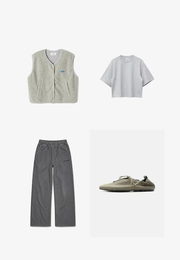 Grijze fleece vest met knopenfront, twee zijzakken en een klein kleurrijk merklogo aan de linkerkant. Randen hebben contrasterende afwerking.; Lichtgrijs, kort mouw, cropped T-shirt met ronde hals en losse pasvorm, getoond op een witte achtergrond.; Donkergrijze broek met wijde pijpen, elastische tailleband, zijzakken en zwart "PEGADOR" logo op het rechterdijbeen.; Licht olijfgroene zachte stoffen schoen met dunne zool en veters, zijaanzicht op een effen witte achtergrond.