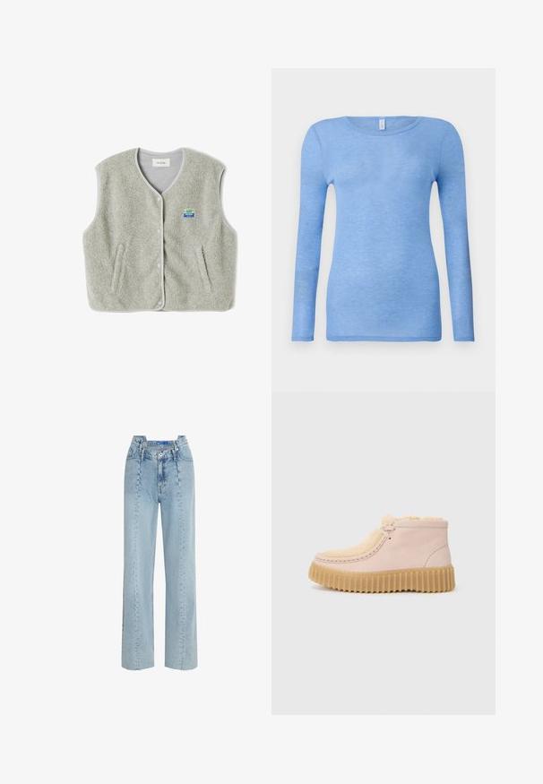 Grau gefütterte Weste mit Knopfverschluss, zwei seitlichen Taschen und einem kleinen farbenfrohen Markenlogo auf der linken Seite. Die Kanten haben einen kontrastierenden Saum.; Helles blaues Langarm-T-Shirt aus einem weichen, leichten Stoff. Hat einen Rundhalsausschnitt und eine figurbetonte Passform. Keine sichtbaren Muster oder Akzente.; Hellblaue, hochtaillierte Jeans mit weitem Bein. Aus Denim, mit fransigem Saum und vorderem Knopfverschluss.; Helle rosa Wildlederstiefeletten mit hellbraunem Kunstfellfutter und einer dicken, geriffelten Gummisohle. Mit minimaler Nahtverarbeitung und einem Schnürdesign.