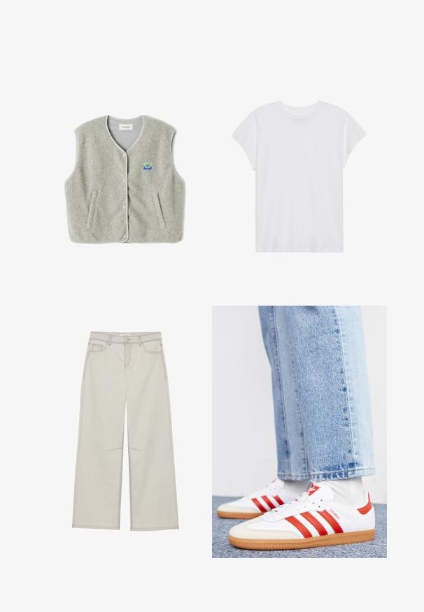 Grau gefütterte Weste mit Knopfverschluss, zwei seitlichen Taschen und einem kleinen farbenfrohen Markenlogo auf der linken Seite. Die Kanten haben einen kontrastierenden Saum.; Weißes kurzärmliges T-Shirt mit Rundhalsausschnitt, lockerer Passform, aus weichem Baumwollstoff. Glatte Textur, keine Muster oder Logos.; Hellgraue, weit geschnittene Hose mit fünf Taschen, vorderem Knopfverschluss und kontrastierenden Nähten. Der Stoff wirkt weich und langlebig.; Weiße Leder Sneaker mit roten Streifen und Akzenten. Verfügt über eine strukturierte Gummi-Laufsohle und einen gepolsterten Schaft. Tragen mit hellblauer Jeans.
