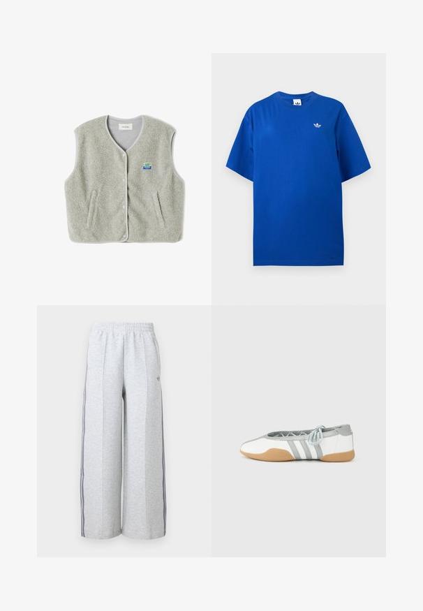 Chaleco de forro polar gris con botones en el frente, dos bolsillos laterales y un pequeño logotipo de la marca colorido en el lado izquierdo. Los bordes tienen un ribete de contraste.; Camiseta Adidas azul de manga corta con cuello redondo y pequeño logo blanco de trébol Adidas en el pecho izquierdo.; Pantalones deportivos de pierna ancha en gris claro con cintura elástica y franjas laterales en gris oscuro, con un pequeño logotipo en el muslo izquierdo.; Bailarinas blancas y grises con punta redondeada y cordón elástico, con tres rayas grises y suela de goma beige.