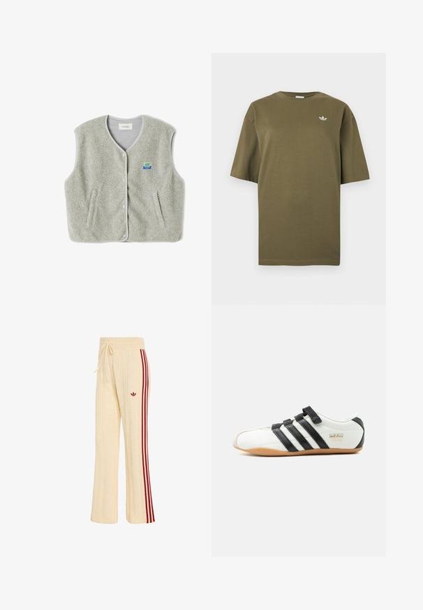 Grau gefütterte Weste mit Knopfverschluss, zwei seitlichen Taschen und einem kleinen farbenfrohen Markenlogo auf der linken Seite. Die Kanten haben einen kontrastierenden Saum.; Olivgrünes T-Shirt mit kurzen Ärmeln, Rundhalsausschnitt und kleinem weißen Adidas-Trefoil-Logo auf der linken Brust.; Cremefarbene Strickhose mit rotem Adidas-Logo und drei roten Streifen an der Seite, mit Kordelzugbund und strukturiertem Muster.; Weißer Adidas-Tokyo-Sneaker mit schwarzen Streifen, schwarzen Klettverschlüssen und Gummisohle, seitlich auf weißem Hintergrund dargestellt.