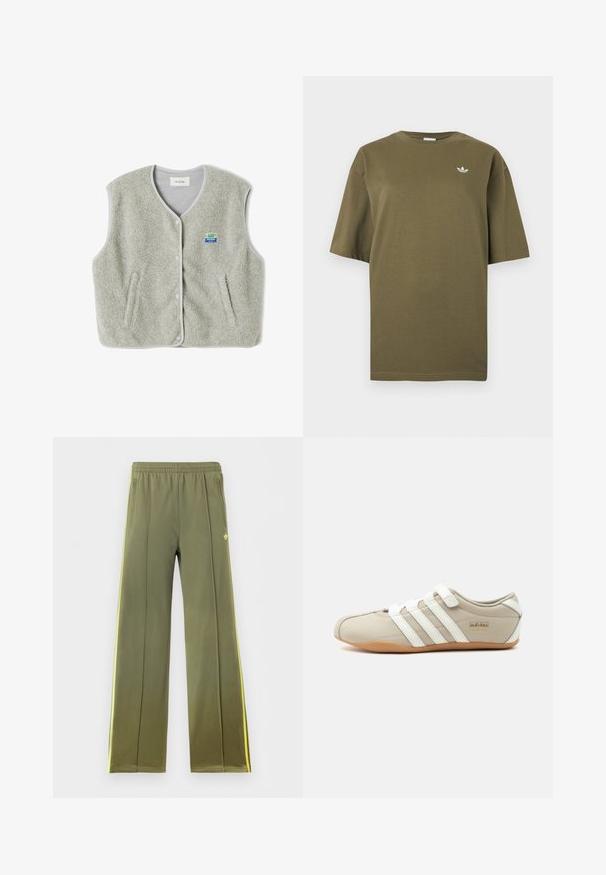 Grå fleece vest med knaplukning, to sidelommer og et lille farverigt brandlogo på venstre side. Kanterne har kontrastfarvet trim.; Olivengrøn kortærmet T-shirt med rund hals og lille hvid Adidas trefoil-logo på venstre bryst.; Olivengrønne træningsbukser med elastisk taljebånd, sidelommer, gule striber på siden og lille trekløverlogo foran.; Beige Adidas Tokyo sneaker med hvide striber, velcrolukninger og gummisål, vist fra siden på en ensfarvet baggrund.