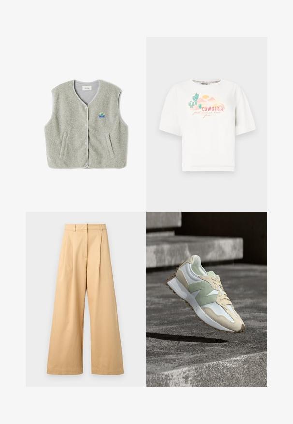 Grau gefütterte Weste mit Knopfverschluss, zwei seitlichen Taschen und einem kleinen farbenfrohen Markenlogo auf der linken Seite. Die Kanten haben einen kontrastierenden Saum.; Weißes Baumwoll-T-Shirt mit kurzen Ärmeln, das ein buntes Wüstenmotiv und den Text "COWGIRLS wollen einfach Spaß haben" in Pink und Grün zeigt.; Beige, weit geschnittene Hose aus weichem Baumwollstoff, mit flachem Vorderteil, Falten und sichtbaren Seitentaschen.; Beiger und hellgrüner Sneaker mit weißer Sohle und Schnürsenkeln, schwebend über einer strukturierten Betonoberfläche mit Stufen im Hintergrund.