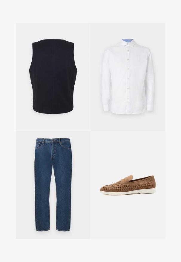 Top sin mangas, de color azul marino sólido, hecho de una tela suave. Presenta un escote redondeado y un diseño limpio y minimalista sin hardware visible.; Camisa blanca de manga larga con botones al frente, con un patrón a cuadros azul claro en el interior del cuello y los puños. Textura de tela suave.; Jeans de mezclilla azul oscuro con un corte recto, que cuentan con cinco bolsillos y un cierre de botón. La tela tiene una textura visible y un sutil desvanecimiento.; Mocasín de ante marrón con detalles laterales tejidos y suela de goma blanca, mostrado de perfil sobre un fondo gris claro.