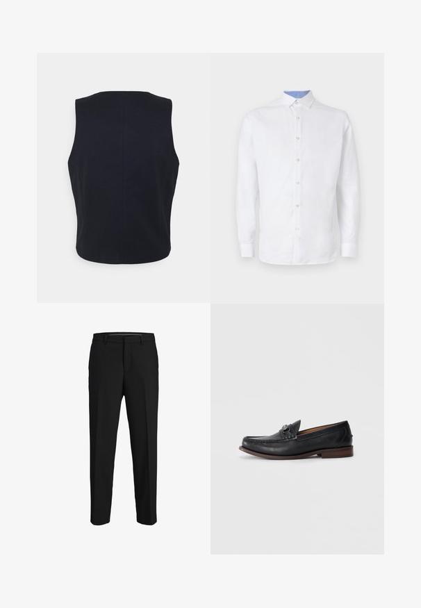 Mouwloze top, effen marineblauwe kleur, gemaakt van een zachte stof. Heeft een ronde halslijn en een strakke, minimalistische uitstraling zonder zichtbare hardware.; Witte blouse met lange mouwen en knoopsluiting, voorzien van een lichtblauw geruit patroon aan de binnenkant van de kraag en manchetten. Glad textuur van de stof.; Zwarte broeken van een gladde stof, met een rechte snit, riemlussen en een platte voorkant zonder zichtbare patronen of versieringen.; Zwarte leren instappers met een ronde neus, decoratieve hardware aan de voorkant en een contrasterende bruine zool. Gladde textuur en slip-on ontwerp.