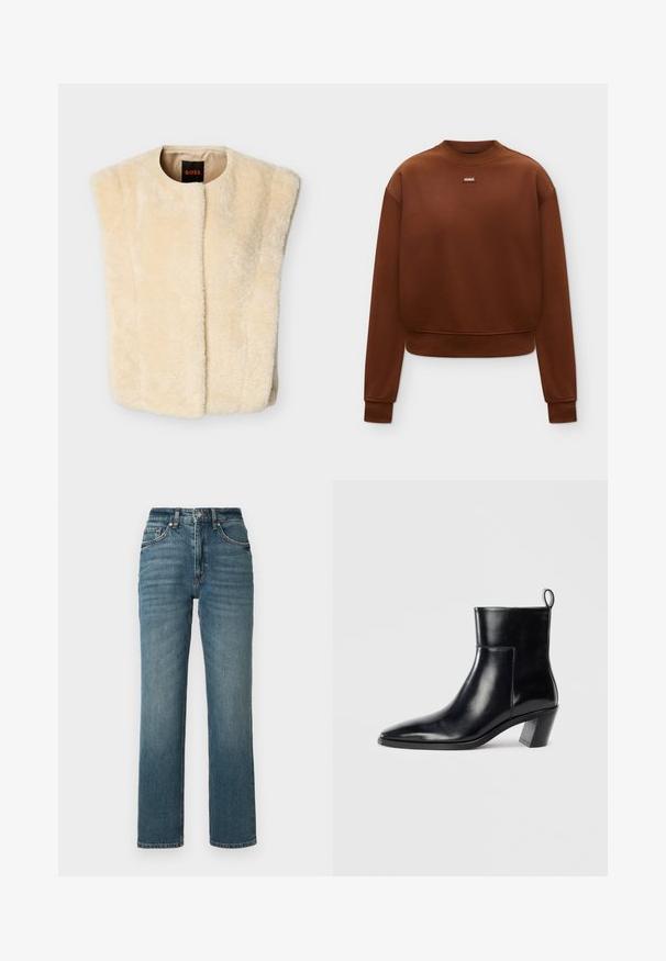 Veste sans manches en fausse fourrure crème avec un col rond, une ouverture à l'avant, et sans manches. Texture douce et doublure intérieure lisse. Étiquette de la marque visible.; Sweat-shirt marron à manches longues et col rond, avec poignets et ourlet côtelés, avec un petit patch logo "HUGO" au centre de la poitrine.; Jean droit taille haute en denim bleu, avec un léger effet délavé, cinq poches et une fermeture par bouton.; Bottine en cuir noir avec un bout pointu, un talon empilé géométrique et une languette à l'arrière. Texture lisse et design épuré.