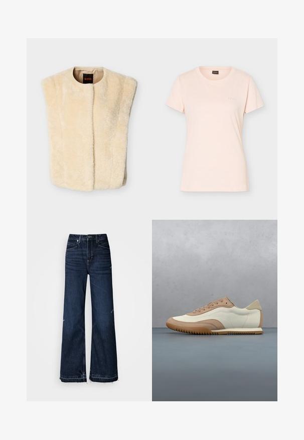 Veste sans manches en fausse fourrure crème avec un col rond, une ouverture à l'avant, et sans manches. Texture douce et doublure intérieure lisse. Étiquette de la marque visible.; T-shirt rose clair à manches courtes avec col rond, petit logo BOSS embossé sur la poitrine gauche et étiquette noire à l'intérieur du col.; Jean taille haute à jambes larges en denim foncé. Caractéristiques : ourlets effilochés et design à cinq poches avec surpiqûres visibles.; Baskets crème et beige avec une tige texturée, des lacets et une semelle en caoutchouc, présentées au-dessus d'une surface en bois avec des cailloux.