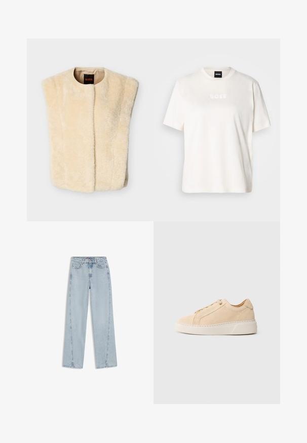 Veste sans manches en fausse fourrure crème avec un col rond, une ouverture à l'avant, et sans manches. Texture douce et doublure intérieure lisse. Étiquette de la marque visible.; T-shirt en coton blanc avec un col rond, des manches courtes, et un logo "BOSS" embossé sur la poitrine. Texture douce et coupe décontractée.; Jean en denim bleu clair taille haute, coupe droite, avec poches avant, passants de ceinture, fermeture par boutons et petites fentes aux ourlets inférieurs.; Baskets en daim beige avec un bout arrondi, des coutures ton sur ton, et une semelle épaisse en caoutchouc blanc. Elles présentent des lacets plats et un design minimaliste.
