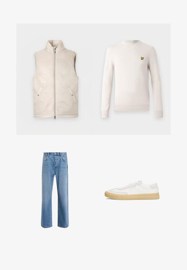 Beige-värinen, sleeveless toppaliivi, jossa on korkea kaulus, vetoketju edessä ja kaksi sivutaskua. Liivissä on sileä pinta ja minimalistinen muotoilu.; Vaaleanbeige neulepaita pitkillä hihoilla, pyöreällä pääntiellä ja resorireunuksella. Etuosassa pieni musta ja keltainen kirjailtu logo.; Vaaleansiniset farkut suoranlahkeisella muotoilulla, viisi taskua, nappisuljenta, vähäinen kuluminen ja kontrastiväriset ompeluyksityiskohdat.; Valkoiset tennarit, jotka on valmistettu nahasta ja mokasta, varustettu nauhakiinnityksellä, vaaleanruskealla kumipohjalla ja pienellä logolla sivussa.