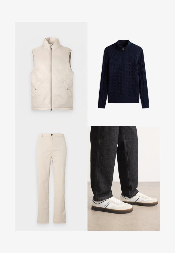 Beige-värinen, sleeveless toppaliivi, jossa on korkea kaulus, vetoketju edessä ja kaksi sivutaskua. Liivissä on sileä pinta ja minimalistinen muotoilu.; Laivastonsininen palmikkoneulepaita puolivetoketjulla ja pienellä punavalkosinisin logolla vasemmalla rinnalla.; Vaaleanbeiget puuvillahousut suoralla lahkeella, jossa on etupainike, vetoketju ja vähäiset ompeluyksityiskohdat.; Valkoiset ja vaaleanharmaat lenkkarit, joissa on teksturoitu mokkanahka- ja nahkapeite, ruskea kumipohja sekä tummansininen korostusraita. Yhdistetty tummiin farkkuihin.