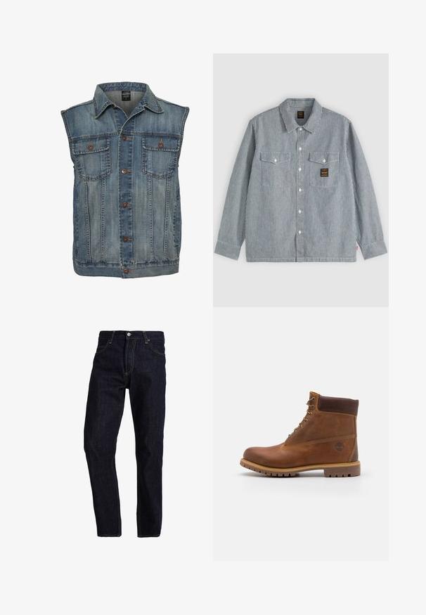 Veste en jean bleu décoloré avec un design sans manches. Elle dispose de deux poches poitrine, de boutons en métal et d'un col. Tissu texturé.; Chemise à manches longues boutonnée avec fines rayures verticales noires et blanches, deux poches avant à rabats et un petit patch noir sur la poche droite.; Un jean en denim bleu foncé avec une coupe droite, doté de coutures jaunes, de cinq poches et d'une fermeture à bouton classique avec une fermeture éclair.; Botte de randonnée en cuir marron avec une finition lisse, cheville rembourrée, œillets en métal et semelle en caoutchouc dotée d'un motif de crampons robuste.
