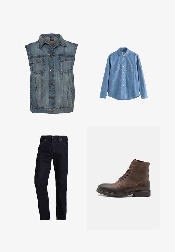 Faded sinine denimpusa, varrukateta disainiga. Omab kahte rinna taskut, metallnuppe ja kraed. Tekstureeritud kangas.; Pika käistega sinine chambray-särk, mis on nööbitav eest ja millel on kaks rinnataskut, asetatud valgele taustale.; Tumedast sinisest denimist sirged lõikega teksapüksid, millel on kollane õmblus, viis taskut ja klassikaline nööbiga ning tõmblukuga sulgemine.; Jack & Jones JFWDELANEY BOOT - Nööritavad poolsaapad - cognac