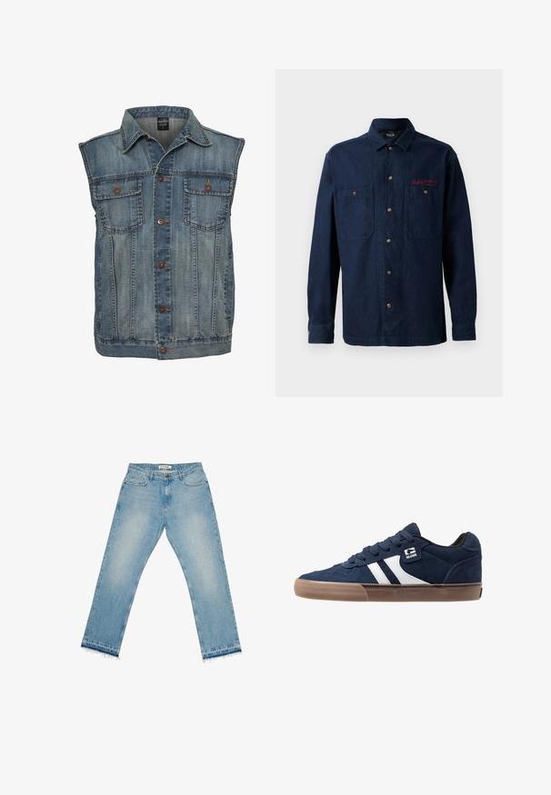 Faded sinine denimpusa, varrukateta disainiga. Omab kahte rinna taskut, metallnuppe ja kraed. Tekstureeritud kangas.; Tumedat sinine nööpidega särk, millel on kaks rinna taskut ja punane broderi logo. Minimalistlik disain lihtsal taustal.; Hele sinine teksapüksid sirge lõikega, kulunud äärtega ja viie taskuga disain. Omavad nööpkinnitust ja vöökohtadel vööaasasid.; Tumed sinise suède spordijalats valgete triipudega, ümar varvas, lame pruun kummist tald ja must sisevooder. Omab nööre ja logo küljel.