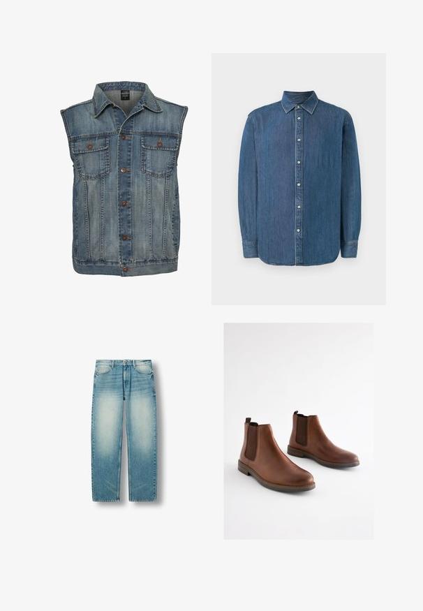 Chaleco de mezclilla en azul deslavado con un diseño sin mangas. Presenta dos bolsillos en el pecho, botones de metal y un cuello. Tejido texturizado.; Camisa de mezclilla, azul oscuro, de mangas largas, con cuello clásico, botones en la parte frontal y un dobladillo recto. La textura de la tela parece suave con un ligero brillo.; Vaqueros vaqueros en azul claro de pierna recta con áreas desvanecidas en los muslos, bolsillos frontales, trabillas para cinturón y cierre de botón.; Botas de cuero marrón hasta el tobillo con paneles elásticos laterales, punta redondeada y tacón apilado. Textura suave con acentos marrones contrastantes.