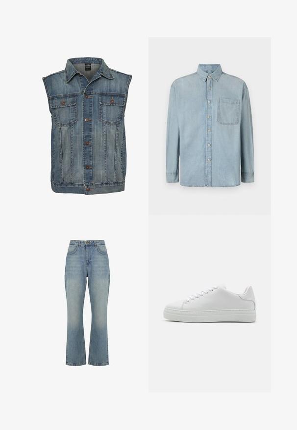 Faded sinine denimpusa, varrukateta disainiga. Omab kahte rinna taskut, metallnuppe ja kraed. Tekstureeritud kangas.; Hele sinine teksapaita pikka varrukaga, nupuga esiosa ja ühe rinnaTaskuga. Omab klassikalist kraed ja tavalisi mansette.; Kõrge vöökohaga sirge lõikega helesinised teksapüksid esi-nuppude kinnituse, vööaasa ja kahe esitaskuga.; Valge nahast spordijalats, millel on paks platsol, ümar varvas ja kuus auku paelte jaoks. Sujuv tekstuur koos peente õmblusdetailidega.