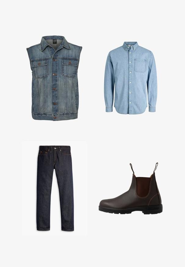 Denim vest in vervaagde blauwe kleur met een mouwloos ontwerp. Voorzien van twee borstzakken, metalen knopen en een kraag. Gelaagd stof.; Lichtblauw denim overhemd met knopen, lange mouwen, een kraag, een borstzakje en een subtiele textuur. Voorzien van witte knopen langs het knoopsluiting.; Donkerblauwe spijkerbroek met een rechte pasvorm, vijf zakken, koperen klinknagels, gele stiksels en een duidelijke textuur in de stof.; Bruine leren Chelsea-laars met elastisch zijpaneel, bruine stiksels, trekriempjes en een duurzame rubberen zool met een gestructureerd patroon.