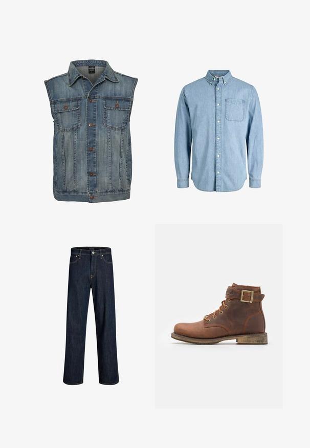 Chaleco de mezclilla en azul deslavado con un diseño sin mangas. Presenta dos bolsillos en el pecho, botones de metal y un cuello. Tejido texturizado.; Camisa de mezclilla azul claro con botones, manga larga, cuello, bolsillo delantero y una textura sutil. Cuenta con botones blancos a lo largo de la tapeta.; Jeans de mezclilla azul oscuro con un corte de pierna recta, cosidos con hilo dorado en contraste, que cuentan con cinco bolsillos y un cierre frontal con botón.; Harley Davidson VNTGMOTO SHORT RIDING APPROVED - Botines camperos - brown