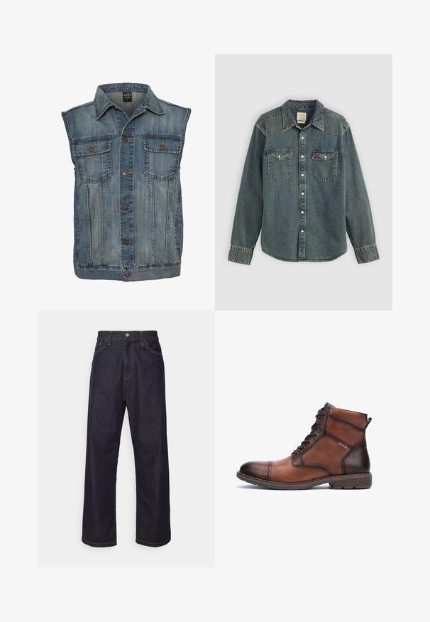 Denim vest in vervaagde blauwe kleur met een mouwloos ontwerp. Voorzien van twee borstzakken, metalen knopen en een kraag. Gelaagd stof.; Denim blouse met lange mouwen, knoopsluiting aan de voorkant, twee borstzakken en een donkere blauwe wassing. Bevat een puntige kraag en contrasterende stiksels.; Donkerblauwe rechte spijkerbroek met gele stiksels, voorknop, ritssluiting en vijf pocket ontwerp.; Bruine leren en stoffen herenschoenen met enkelhoogte, veters, stikdetails, lage hak en merklogo aan de zijkant.