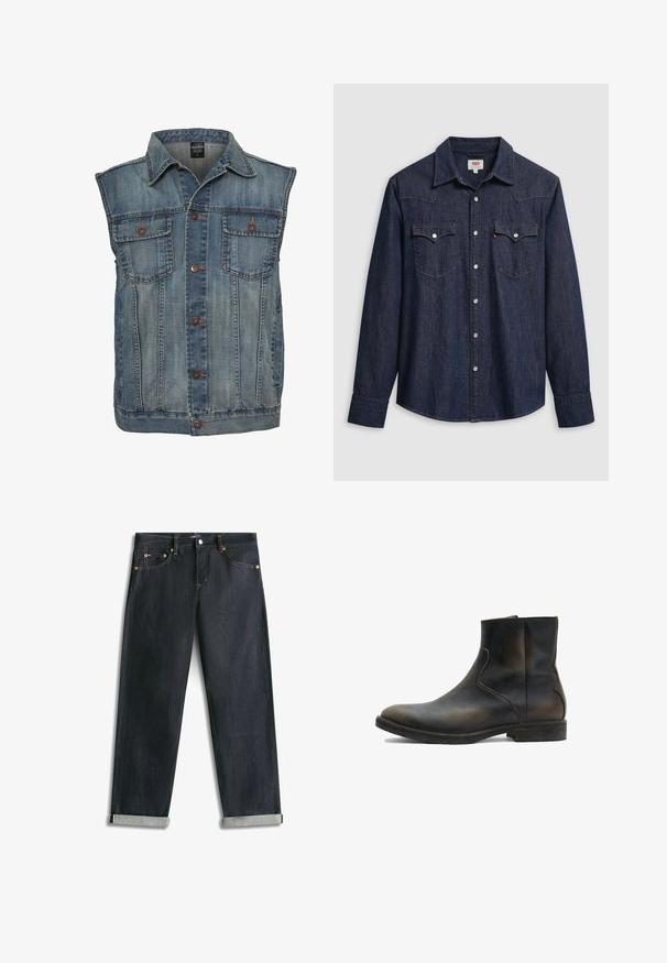 Veste en jean bleu décoloré avec un design sans manches. Elle dispose de deux poches poitrine, de boutons en métal et d'un col. Tissu texturé.; Chemise en denim bleu foncé avec col pointu, boutons-pression et poches poitrine. Comprend des détails de couture et des manches longues.; Jean en denim bleu foncé avec revers roulés, cinq poches et coutures contrastées, posé à plat sur un fond blanc.; AllSaints LANG - Bottines - brown
