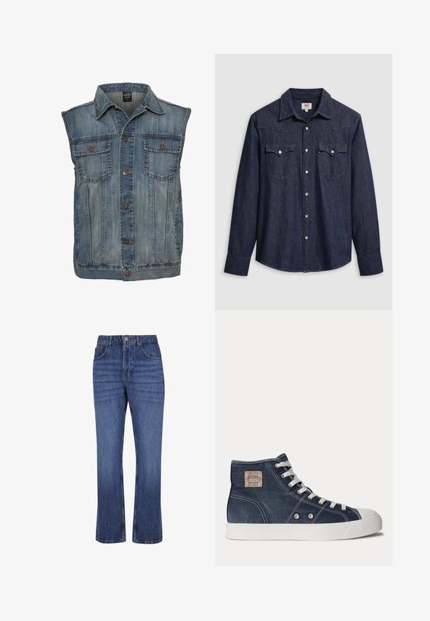 Denim vest in vervaagde blauwe kleur met een mouwloos ontwerp. Voorzien van twee borstzakken, metalen knopen en een kraag. Gelaagd stof.; Donkerblauw denimhemd met een puntige kraag, drukknoopsluiting en borstzakken. Heeft stikseldetail en lange mouwen.; Blauwe rechte denim jeans met vijf zakken, knoopsluiting en riemlussen, met subtiele vervaging op de dijen.; Marineblauwe hoge sneaker met witte veters, witte rubberen zool, metalen oogjes en een klein beige merklabel op het enkelgebied.