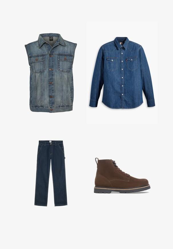 Denim vest in vervaagde blauwe kleur met een mouwloos ontwerp. Voorzien van twee borstzakken, metalen knopen en een kraag. Gelaagd stof.; Denim overhemd in donkerblauw met lange mouwen, puntige kraag en drukknoopsluiting. Bevat twee borstzakken met kleppen en contrasterende stiksels.; Donkerblauwe spijkerbroek met rechte pijpen, voorzakken, riemlussen en een knoopsluiting in de taille.; Birkenstock HIGHWOOD - Veterboots - mocha