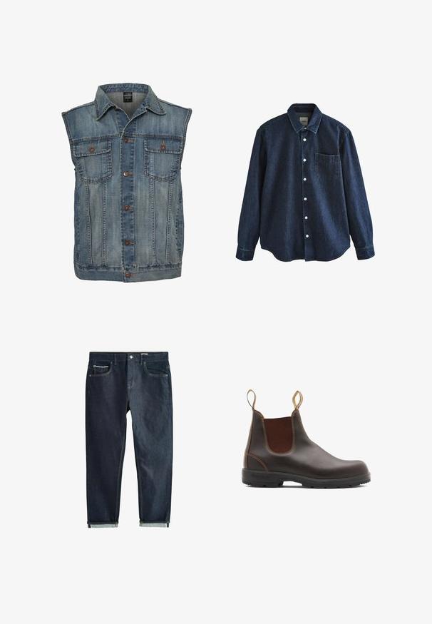 Chaleco de mezclilla en azul deslavado con un diseño sin mangas. Presenta dos bolsillos en el pecho, botones de metal y un cuello. Tejido texturizado.; Camisa de mezclilla azul oscuro de manga larga con botones, cuello y un bolsillo en el pecho, mostrada sobre fondo blanco.; Vaqueros de mezclilla oscura con corte de pierna recta, cierre de botón, dos bolsillos delanteros y dobladillos enrollados. Textura suave, costuras mínimas.; Botas Chelsea de cuero marrón con paneles laterales elásticos y tiradores. Parte superior texturizada, suela de goma duradera y detalle de costura en contraste.