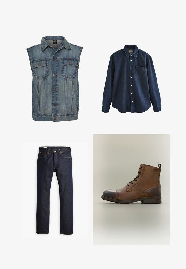 Chaleco de mezclilla en azul deslavado con un diseño sin mangas. Presenta dos bolsillos en el pecho, botones de metal y un cuello. Tejido texturizado.; Camisa de mezclilla azul oscuro de manga larga con botones, cuello y un bolsillo en el pecho, mostrada sobre fondo blanco.; Jeans de mezclilla azul oscuro con un diseño de pierna recta, costuras naranjas y estilo de cinco bolsillos con cierre de botón metálico.; Bota de cuero marrón con cordones hasta el tobillo, puntera negra, suela redonda y detalle de marca en el lateral sobre un fondo liso.