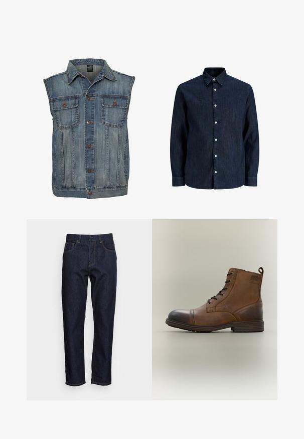 Chaleco de mezclilla en azul deslavado con un diseño sin mangas. Presenta dos bolsillos en el pecho, botones de metal y un cuello. Tejido texturizado.; Camisa vaquera de manga larga en azul oscuro con botones blancos y cuello puntiagudo, mostrada sobre un fondo blanco.; Vaqueros de mezclilla azul oscuro con corte recto, cinco bolsillos y costuras amarillas en contraste. Diseñados con un cierre clásico de botón y cremallera.; Bota de cuero marrón con cordones hasta el tobillo, puntera negra, suela redonda y detalle de marca en el lateral sobre un fondo liso.