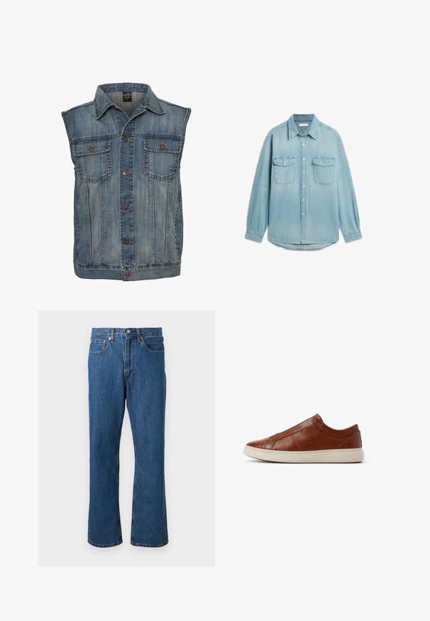 Chaleco de mezclilla en azul deslavado con un diseño sin mangas. Presenta dos bolsillos en el pecho, botones de metal y un cuello. Tejido texturizado.; Camisa vaquera azul claro de manga larga con dos bolsillos de solapa en el pecho, delantero con botones y cuello puntiagudo.; Vaqueros azules de corte recto con botón y cremallera delanteros, cinco bolsillos y detalles de costuras naranjas sobre un fondo liso.; Zapato marrón de cuero sin cordones con acentos elásticos, punta redonda y suela plana de goma crema. Diseño minimalista con textura suave y detalle de costura.