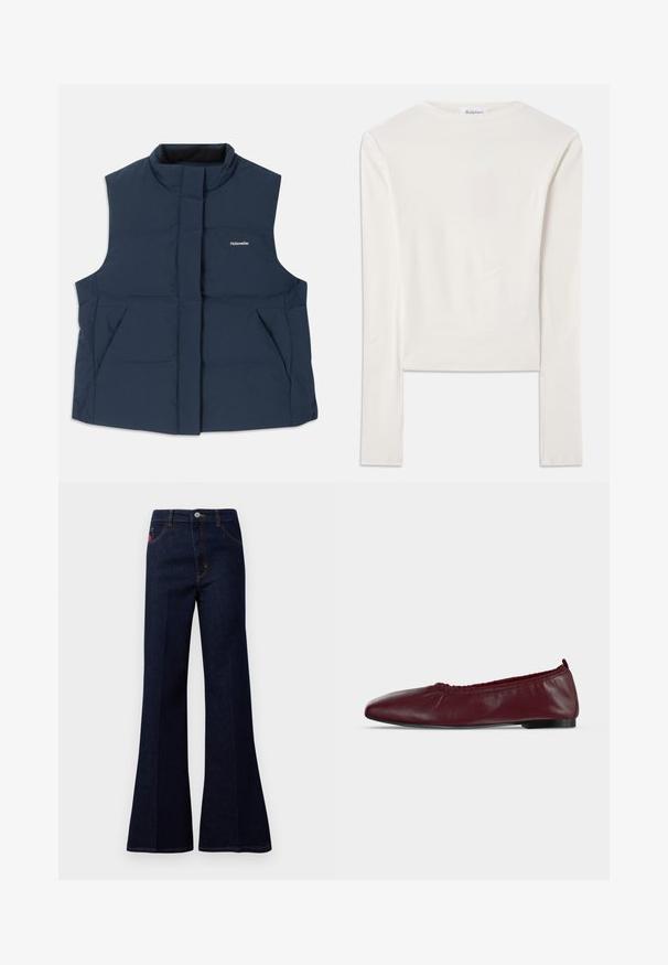 Gilet matelassé sans manches bleu marine avec un col haut, fermeture éclair sur le devant et deux poches latérales ; arbore un logo blanc "Holzweiler".; Haut à manches longues blanc en coton, dotée d'un col ras du cou simple et d'une coupe ajustée. Le tissu est lisse avec une légère élasticité.; Jean taille haute évasé bleu foncé avec bouton avant, fermeture éclair, poches latérales et arrière, et couture contrastante.; Ballerine plate en cuir bordeaux avec bord supérieur élastique froncé et fine semelle noire sur fond blanc.