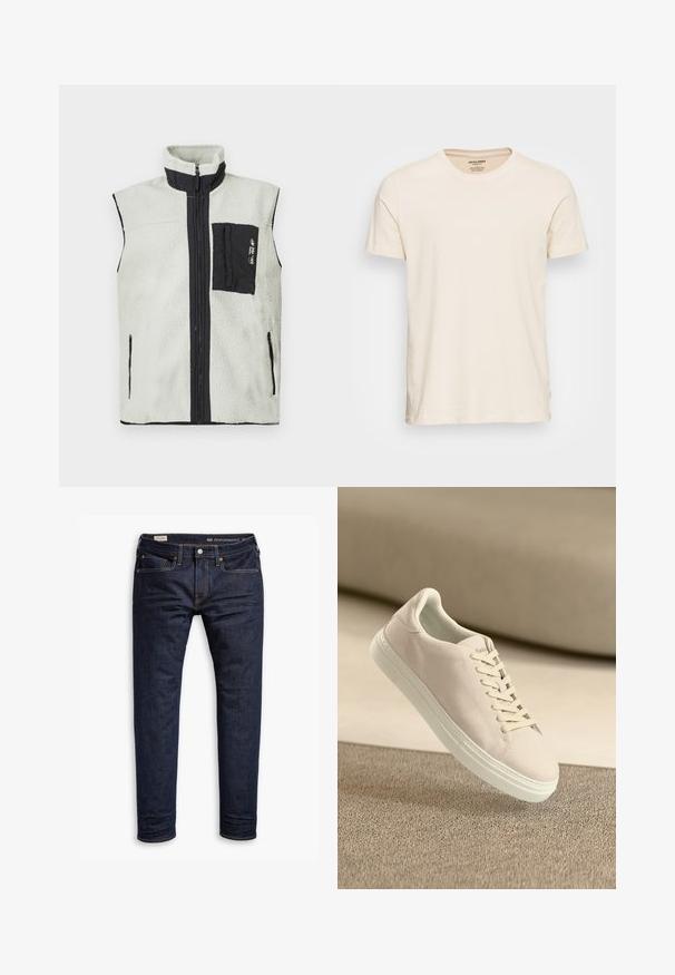 Chaleco de forro polar sin mangas con cremallera frontal completa, bolsillo negro en el pecho del lado izquierdo y ribetes negros alrededor de las cremalleras y el cuello.; Camiseta de algodón beige claro con cuello redondo clásico y mangas cortas. Presenta una textura sutil y un diseño de ajuste estándar.; Jeans de mezclilla azul oscuro con corte slim, que cuentan con costuras naranjas, diseño de cinco bolsillos y herrajes metálicos. Textura suave, sin patrones.; Zapatilla de ante beige con suela y cordones blancos, mostrada flotando sobre una alfombra de textura beige contra un suave fondo beige.