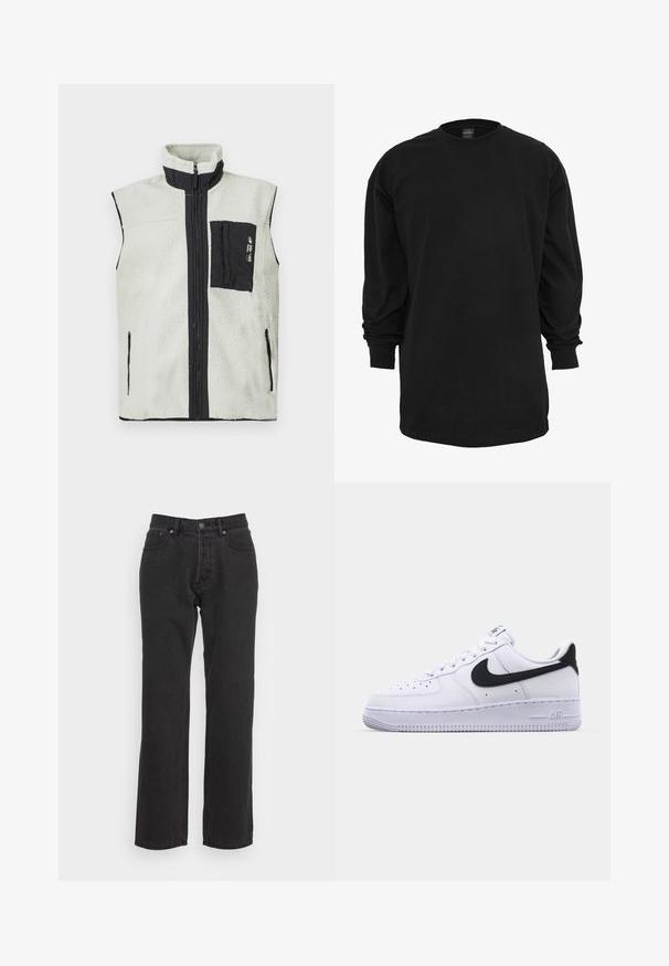 Gilet sans manches en polaire avec fermeture éclair sur le devant, poche poitrine noire sur le côté gauche, et bord noir autour des fermetures éclaires et du col.; T-shirt noir à manches longues en coton. Doté d'un col rond et d'une coupe régulière. Textile lisse sans motifs ni accents visibles.; Jean en denim noir avec une coupe droite, dotés d'une fermeture à bouton à l'avant, de passants de ceinture et de deux poches latérales. Tissu texturé.; Sneaker en cuir blanc avec un Swoosh noir texturé, des lacets plats et une semelle en caoutchouc avec un motif strié. "AIR" est embossé sur le talon.