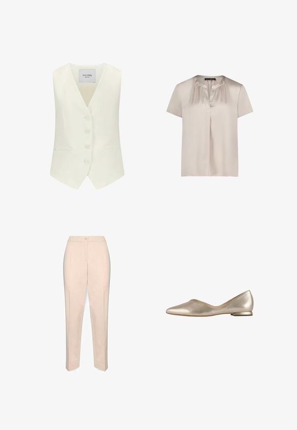 Witte mouwloze vest met een diepe V-hals, vijf knopen aan de voorkant, twee zijzakken en een getailleerde pasvorm, gemaakt van een gladde stof.; Beige satijnen blouse met korte mouwen, geplooide halslijn, V-vormige voorkant en losse pasvorm, met het label "Betty Barclay" op het kraaglabel.; Beige op maat gemaakte broek met een hoge taille, een knoopsluiting aan de voorkant en een rechte pijp, getoond tegen een witte achtergrond.; Platte schoen in metallicgouden leer met een spitse neus, lage ronde hak en een gladde, glanzende textuur. Minimalistisch design met een slanke silhouette.