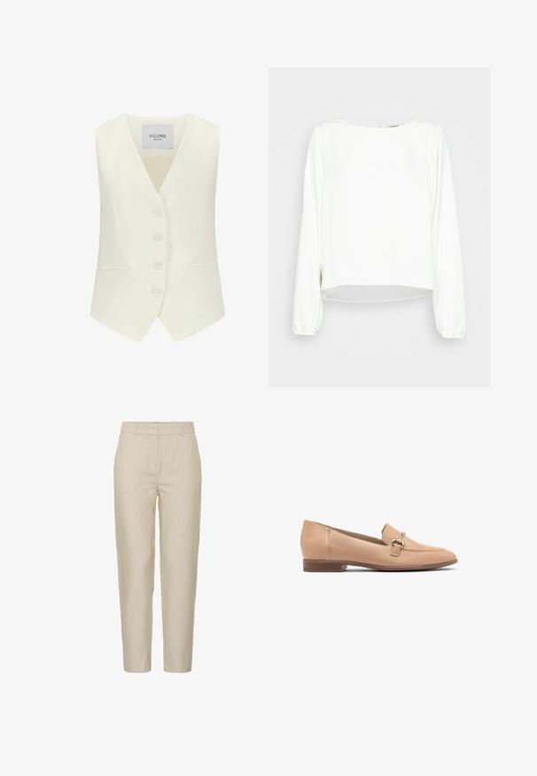 Witte mouwloze vest met een diepe V-hals, vijf knopen aan de voorkant, twee zijzakken en een getailleerde pasvorm, gemaakt van een gladde stof.; Another-Label MAJA SHINY - Blouse - off-white; Beige broek van lichtgewicht stof, met een taps toelopend ontwerp, vlakke voorkant en zijzakken; gladde textuur met subtiele strepen.; Beige leren instappers met een lage hak, voorzien van een gestikt ontwerp en een kleine zilveren hardwareaccent op de bovenkant. Glad textuur.