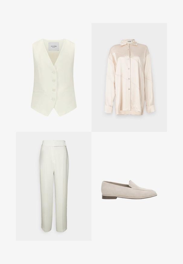 Witte mouwloze vest met een diepe V-hals, vijf knopen aan de voorkant, twee zijzakken en een getailleerde pasvorm, gemaakt van een gladde stof.; AERON ABIGAIL SHIRT - Overhemdblouse - silver; Halston KARTER WEDDING PANT - Broek - chalk; Beige suède instapper loafer met lage hak, puntige neus en minimale stiksel details aan de bovenzijde.