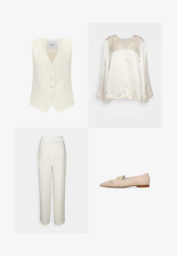 Witte mouwloze vest met een diepe V-hals, vijf knopen aan de voorkant, twee zijzakken en een getailleerde pasvorm, gemaakt van een gladde stof.; By Malene Birger EXCLUSIVE AVELAS - Blouse - pearl; Halston KARTER WEDDING PANT - Broek - chalk; Beige leren platte loafer met puntige neus, decoratieve franjes, gouden studs en bruine zool.
