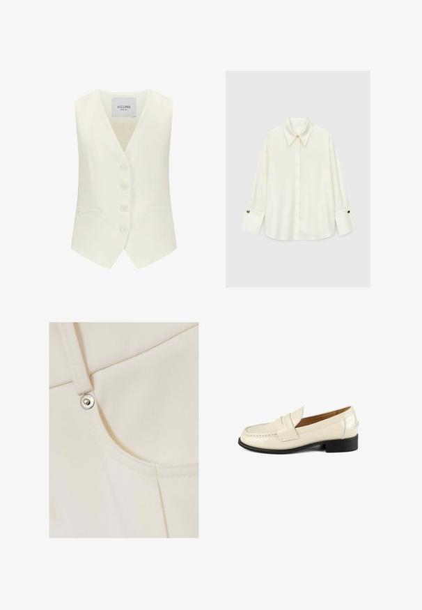 Witte mouwloze vest met een diepe V-hals, vijf knopen aan de voorkant, twee zijzakken en een getailleerde pasvorm, gemaakt van een gladde stof.; Crèmekleurig shirt met lange mouwen, een brede kraag, knopen aan de voorkant en manchetten met gouden knopen, gemaakt van gladde stof.; Witte stof met een gladde textuur en een lichte glans, voorzien van een zilveren drukknoop en nette stiksels langs de randen.; Beige patenten leren instappers met een ronde neus en decoratieve stikselaccenten. Voorzien van een lage zwarte hak en een instapontwerp.