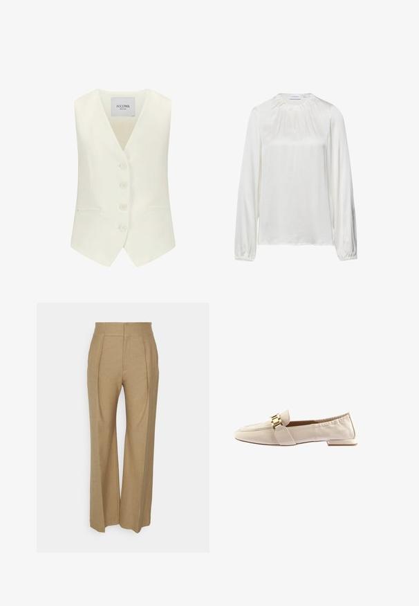 Witte mouwloze vest met een diepe V-hals, vijf knopen aan de voorkant, twee zijzakken en een getailleerde pasvorm, gemaakt van een gladde stof.; Witte blouse met lange mouwen van soepel stof, met een geplooide halslijn en elastische manchetten, met een iets losse pasvorm.; Beige wijde broek van textuurstof, met voorplooien en een hoge taille. Geen zichtbare zakken of versieringen.; Beige leren instappers met een platte zool, voorzien van een goudkleurige hardwareaccent en plooidetail bij de hiel voor een veilige pasvorm.