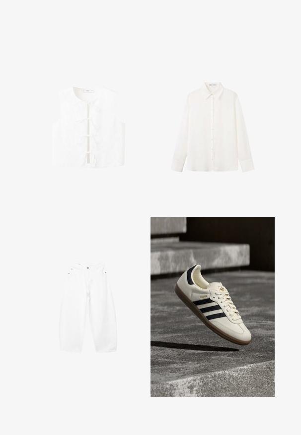 Blouse blanche sans manches avec broderie florale, encolure ronde et liens à l'avant pour la fermeture. Texture lisse avec une coupe décontractée.; Chemise blanche à manches longues boutonnée, avec un col pointe et de larges poignets, en tissu uni et lisse.; Jean blanc en coton à jambes larges, fermeture devant par bouton et zip, passants pour ceinture, style cinq poches.; Baskets blanches Adidas Samba avec des bandes noires et une semelle en gomme, flottant au-dessus de marches en béton gris texturé.