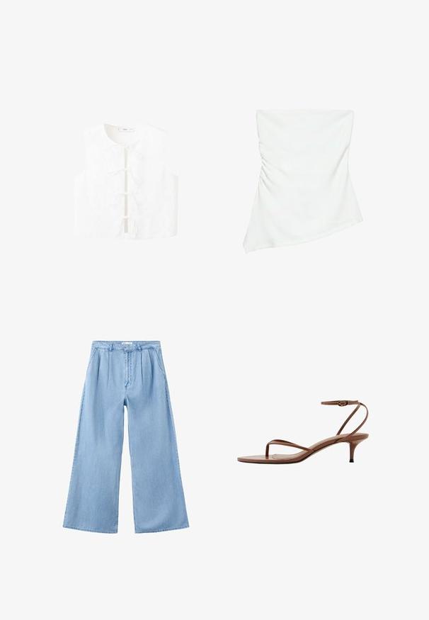 Blouse blanche sans manches avec broderie florale, encolure ronde et liens à l'avant pour la fermeture. Texture lisse avec une coupe décontractée.; Haut blanc asymétrique sans bretelles avec un léger détail froncé sur un côté, style ajusté, design épuré et minimaliste.; Pantalon en jean bleu clair à jambes larges, avec plis devant, poches latérales et taille avec passants pour ceinture.; Sandale à talons hauts en cuir marron avec fines brides, boucle d'orteil et boucle à la cheville sur un talon kitten.