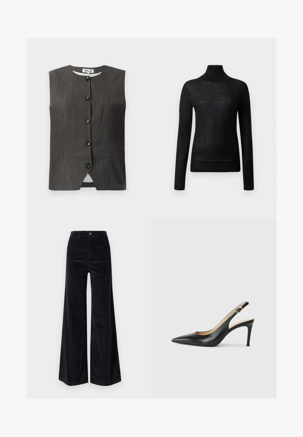 Mørk ærmeløs vest med lodrette striber, der har fem frontknapper, rund halsudskæring samt et glat stof med en subtil glans.; Sort langærmet turtle neck top lavet af letvægtsstof, med en tætsiddende design og minimale sømdetaljer, velegnet til lagdeling.; Sorte fløjl brede bukser med høj talje, knaplukning og frontlommer. Glat tekstur med lodret ribbet mønster.; Sorte læder slingback højhælede sko med spids tå, justerbar rem og en slank stiletto hæl, der har en glat finish.