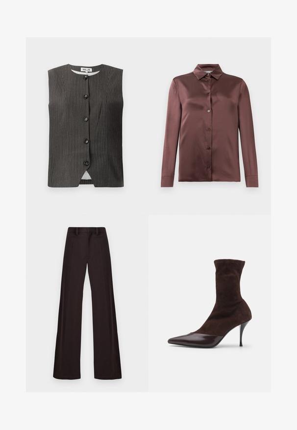Mørk ærmeløs vest med lodrette striber, der har fem frontknapper, rund halsudskæring samt et glat stof med en subtil glans.; Langærmet satin skjorte i dyb mauve med spids krave og frontknapper, lagt fladt mod en hvid baggrund.; Breddebenede bukser lavet af mørkt stof, med en glat tekstur, bæltestropper og en midtersøm foran, samt et enkelt, udekoreret design.; Brune ruskinds ankelstøvle med spids tå og blank bordeauxlakeret tåhætte, der har en slank stilettohæl og tekstureret overdel.